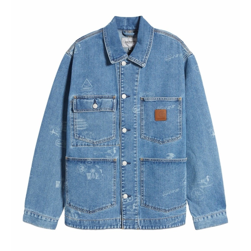 Carhartt Work In Progress Stamp Print Denim Chore Coat Men's 2XL Stonewashed